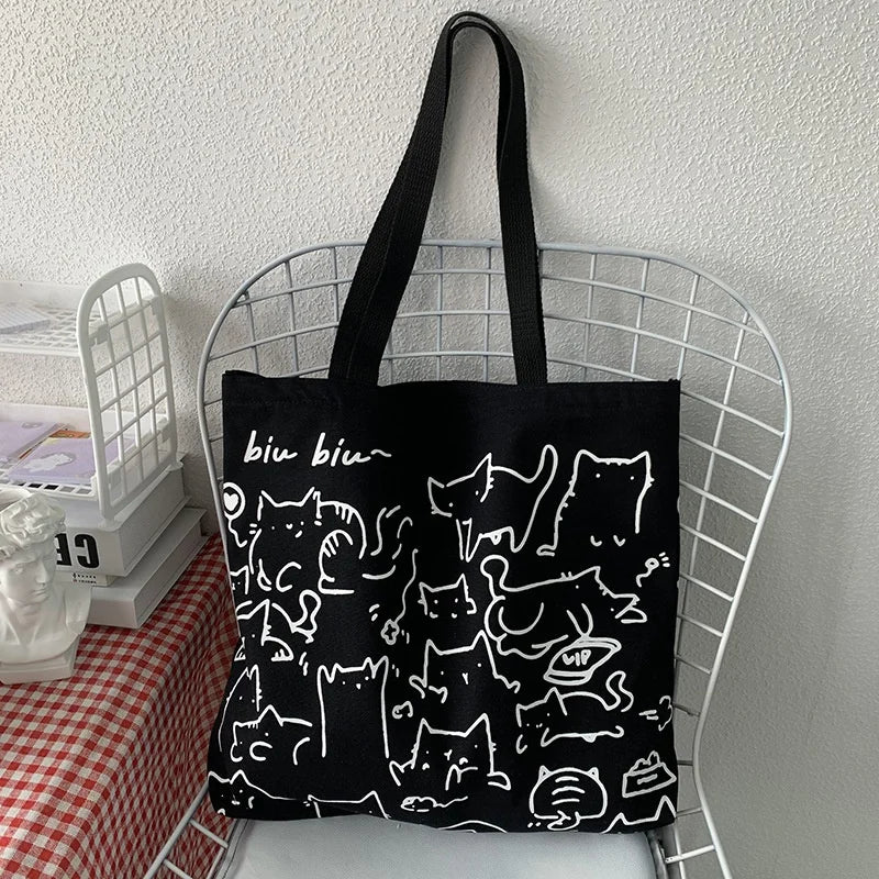 Cute Cat Canvas Tote Bag – Japanese Style Shoulder Bag Canvas Shoulder Tote Axl black