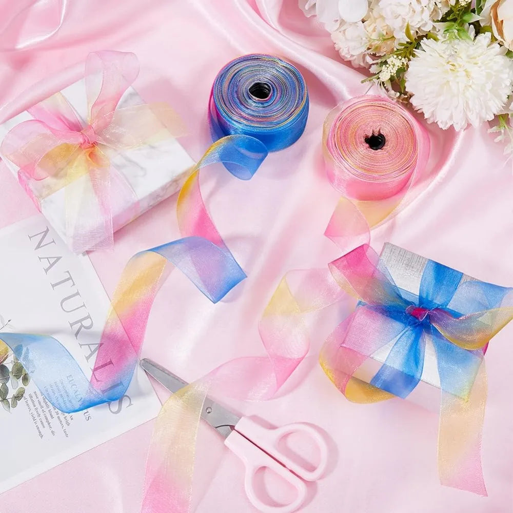 Rainbow Organza Ribbon 2 Rolls – 1 Inch x 50 Yards Sheer Craft Ribbon Axl