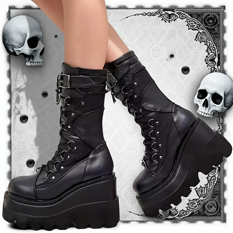 Women's Goth Punk Wedge Boots – Rivet Buckle Mid-Calf High Heels Wedge Mid-Calf Boots Axl