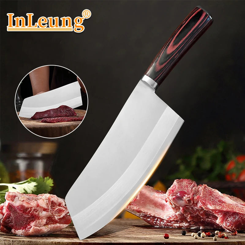 InLeung Professional Cleaver Knife – Stainless Steel Wood Handle Kitchen Cleaver Knife Axl