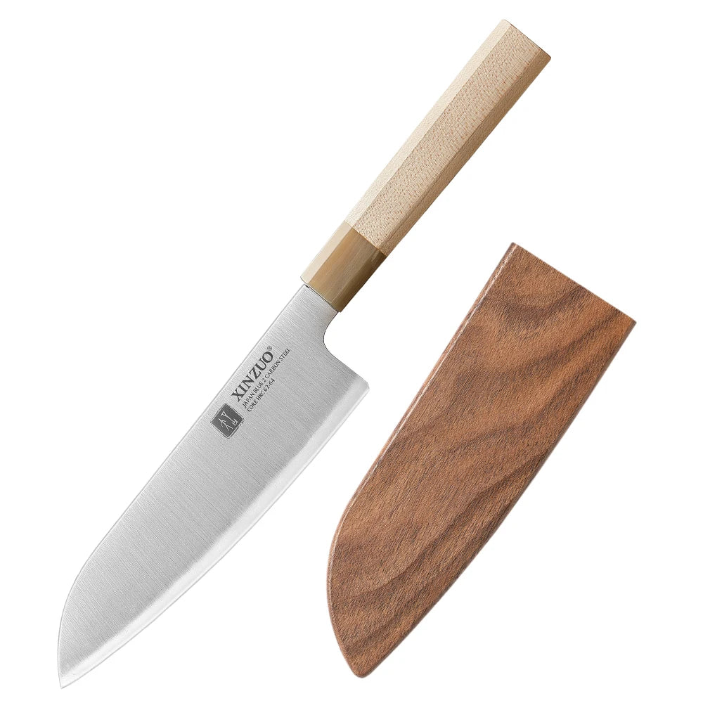 XINZUO Santoku Knife 7.24" Aogami No.2 Steel | Maple Horn Handle Japanese Santoku Knife Axl with Wooden sheath