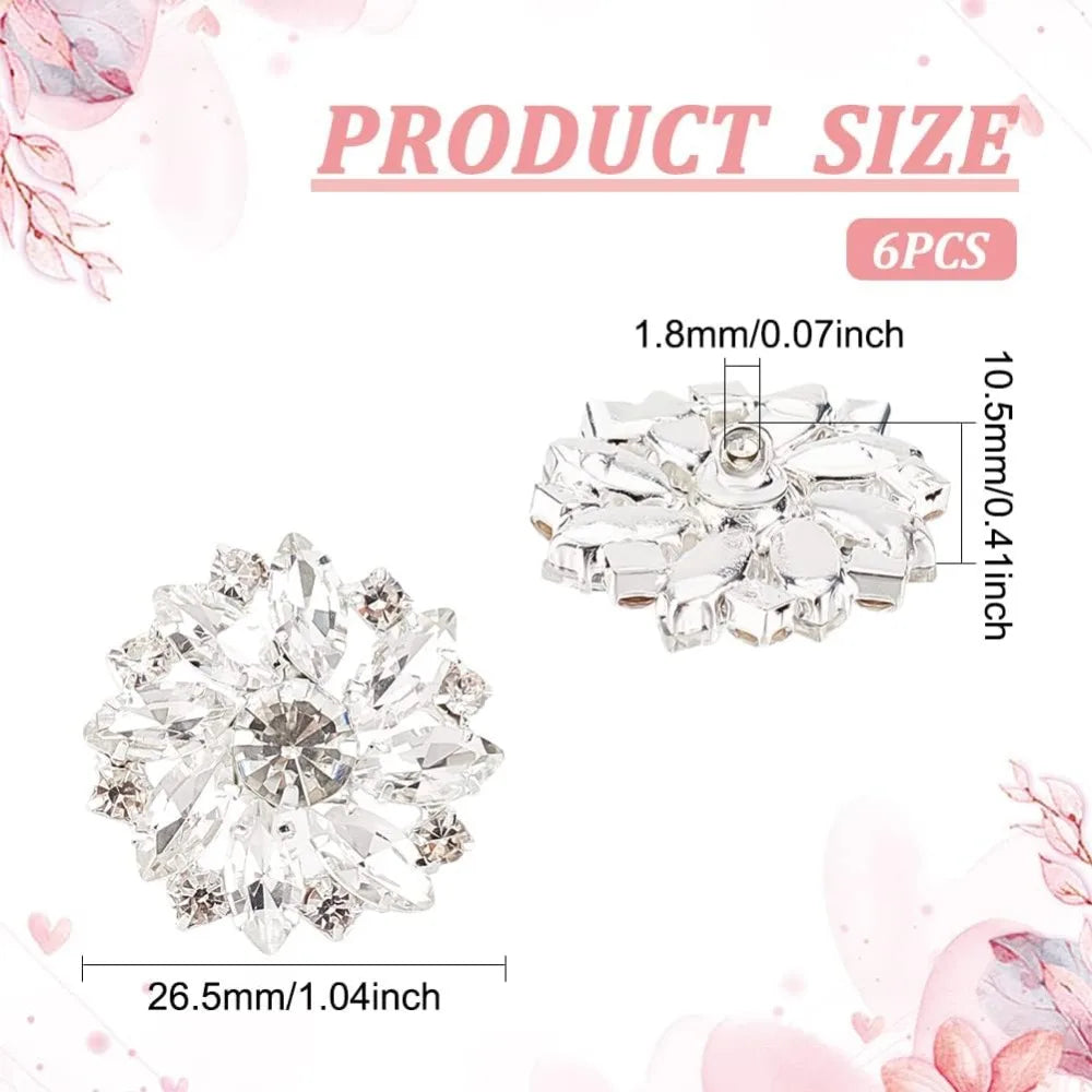 6-Pack 26.5mm Flower Brass Rhinestone Shank Buttons – Crystal Silver Rhinestone Shank Buttons Axl AECH04-00306