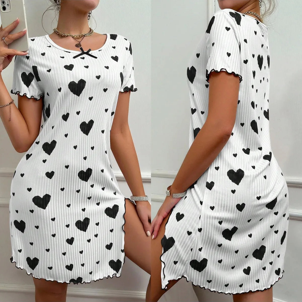Women's Printed Nightgown Dress – Soft Knit Summer Sleepwear Nightgown Dress Axl black S