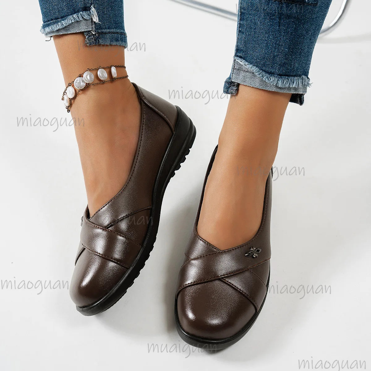 Women's Slip-On PU Leather Loafers – Casual Flat Work Shoes Women's Loafers Axl Dark Brown 36