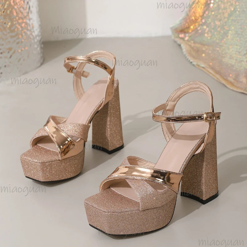 Women's Platform High Heel Sandals – Square Toe Buckle Pumps Platform Heel Sandals Axl