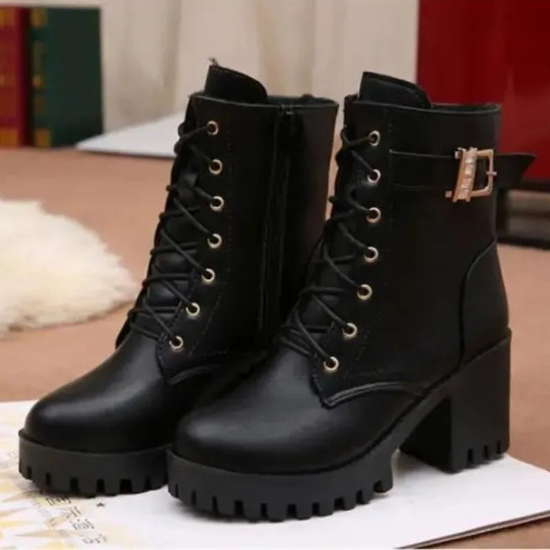 Women's Waterproof Lace-Up Ankle Boots | Platform Square Heel Women's Ankle Boots Axl