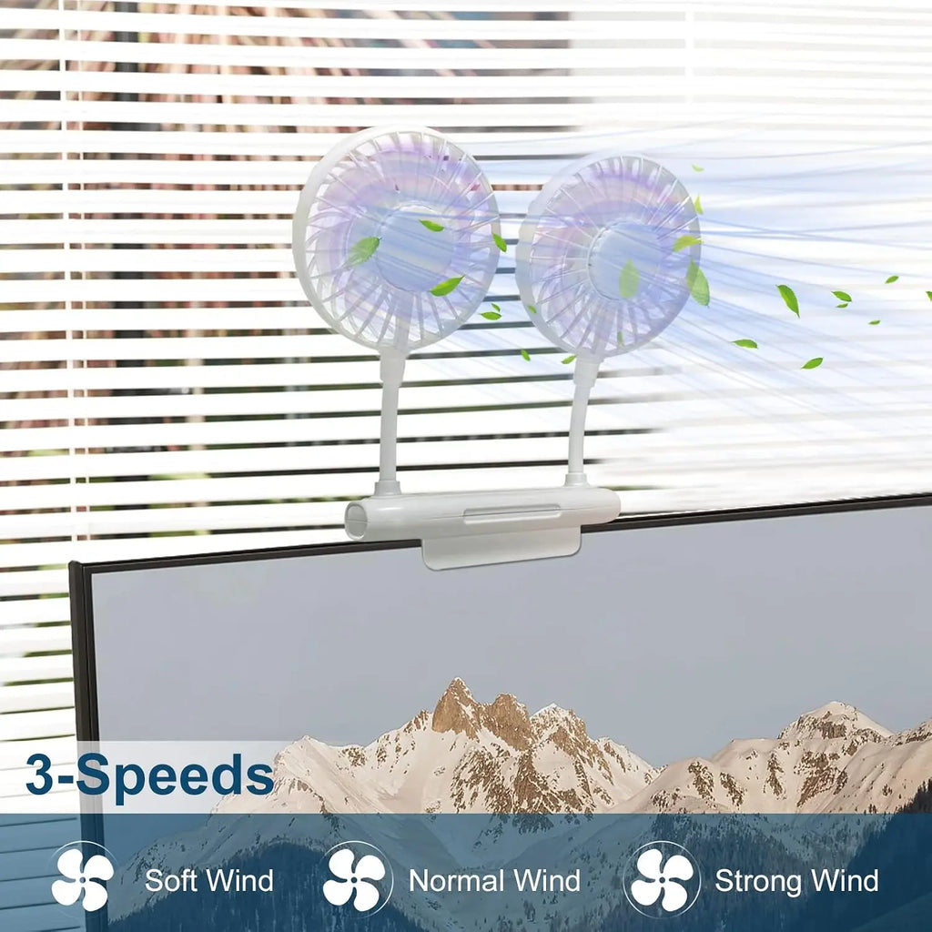 USB Monitor Clip-On Fan – Dual Fans, 3 Speeds, 360° Rotation Clip-On Desk Fan Axl