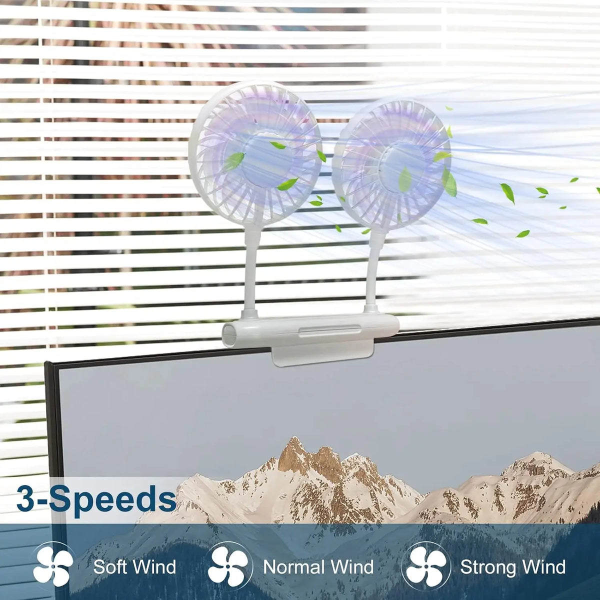 USB Monitor Clip-On Fan – Dual Fans, 3 Speeds, 360° Rotation Clip-On Desk Fan Axl
