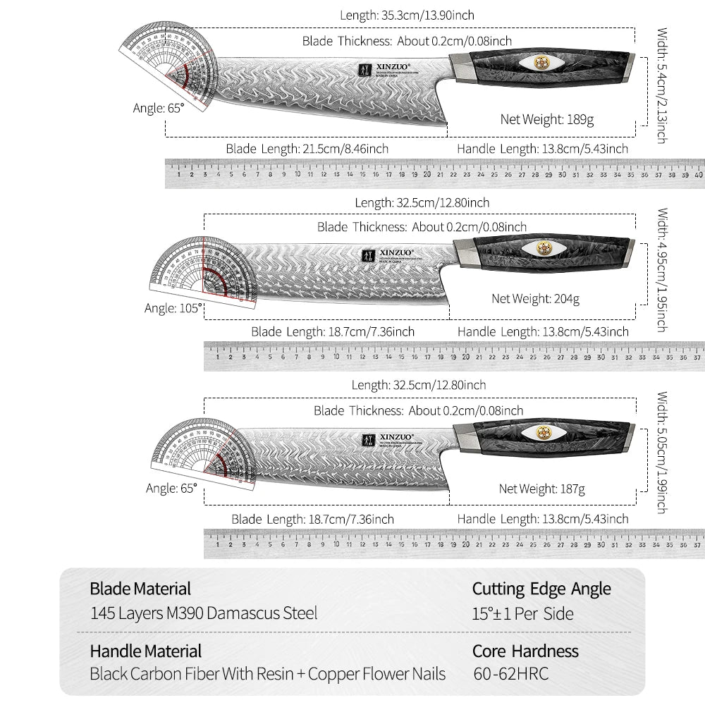XINZUO Damascus Knife Set 2–7 PC | 145-Layer M390 Steel & Carbon Fiber Damascus Knife Set Axl