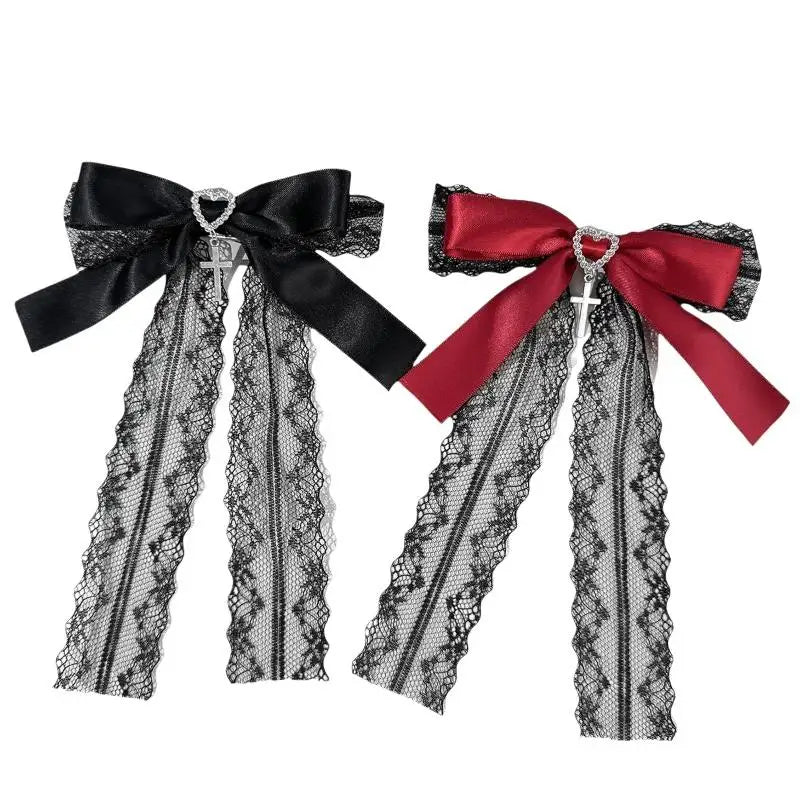 Gothic Lace Bow Hair Clip – Lolita Barrette with Rhinestone Cross Lace Bow Hair Clip Axl