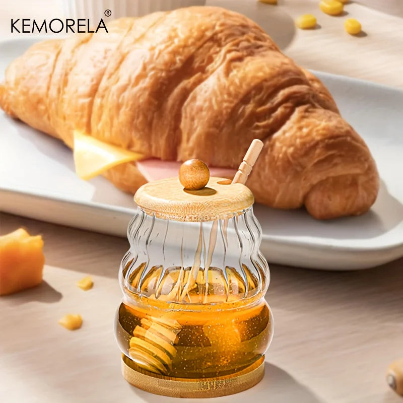 KEMORELA Glass Honey Jar with Wooden Spoon & Lid – 330/450ML Glass Honey Jar Axl