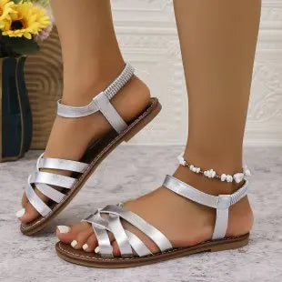 Women's Flat Roman Sandals – Casual Slip-On Beach Shoes Flat Sandals Axl Silver 37