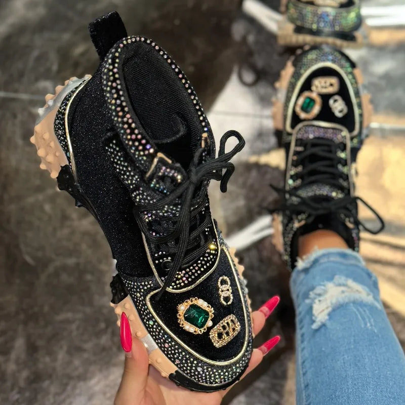 Women's Rhinestone High-Top Sneaker Boots | Thick Sole Lace-Up High-Top Sneaker Boots Axl