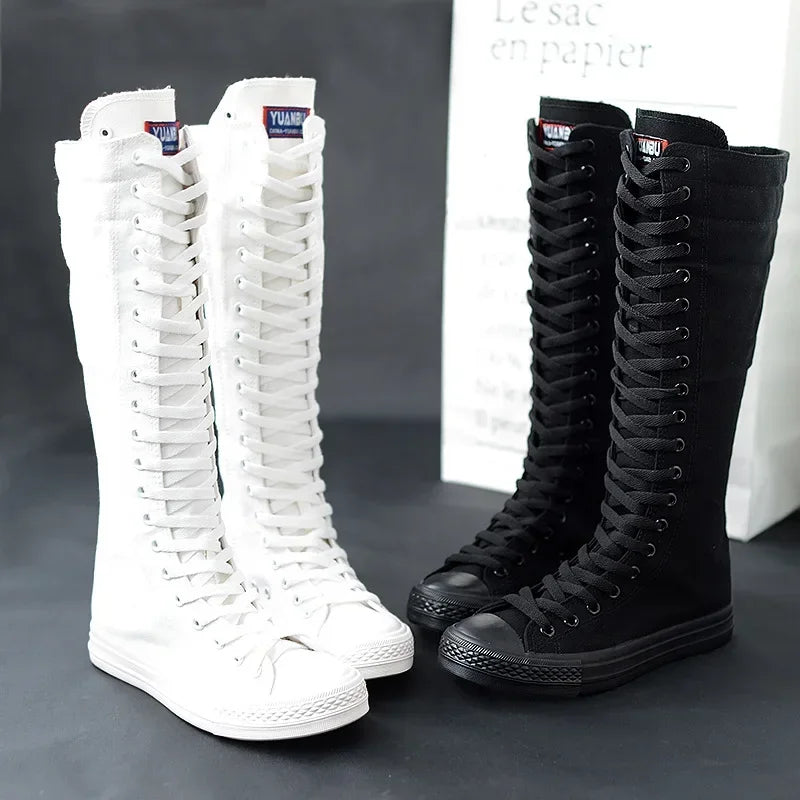 Women's Canvas Mid-Calf Lace-Up Flat Boots | Vulcanized Sneaker Canvas Mid-Calf Boots Axl