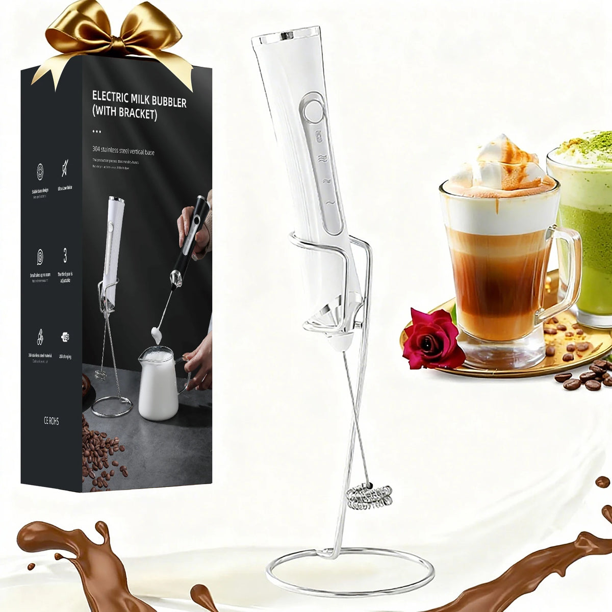 Rechargeable Handheld Milk Frother 3-Speed with Stand Milk Frother Axl