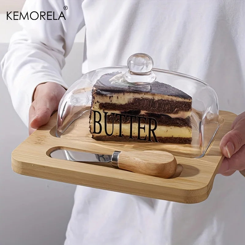 KEMORELA Wood Butter Dish with Glass Lid & Knife | Cheese Plate Butter Dish Set Axl