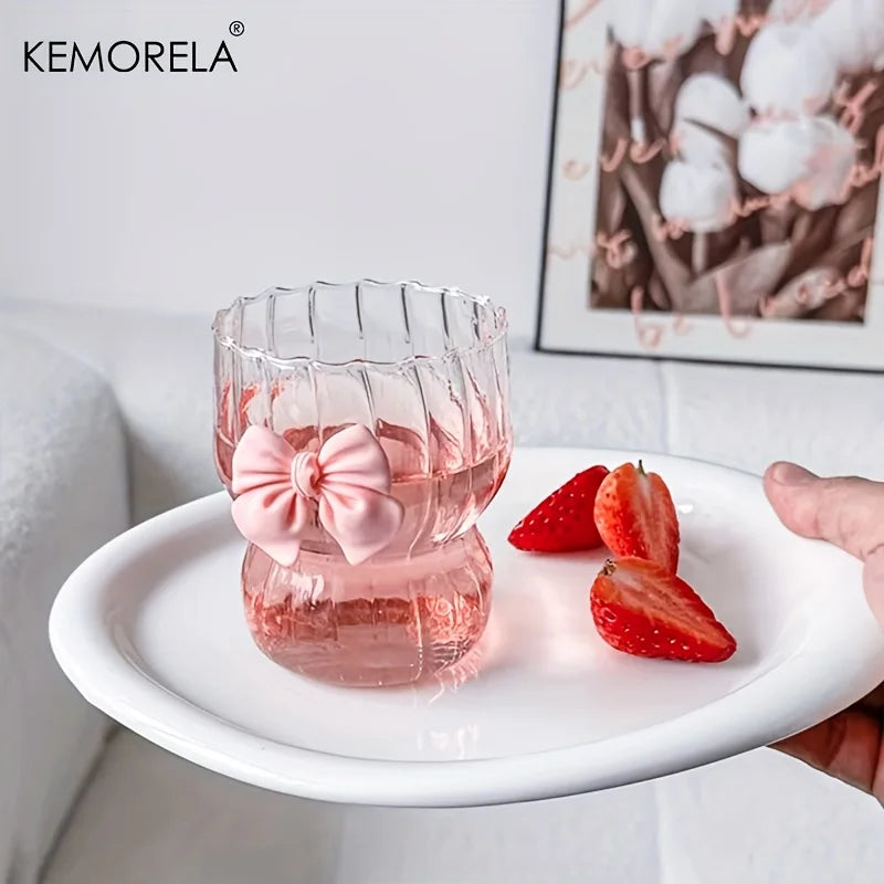 KEMORELA Bow Vintage Ripple Glass Cups 350ml – Set of 2/4/6 Glass Drinkware Set Axl