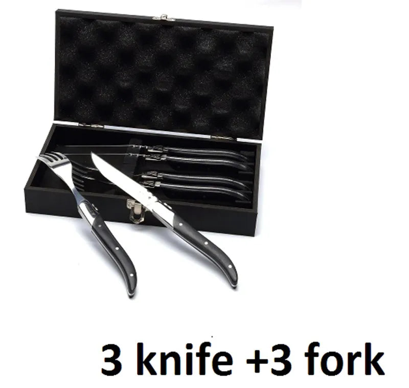 Laguiole Steak Knives Set – Black Wood Handle Stainless Steel Steak Knife Set Axl 3 fork 3 knife box