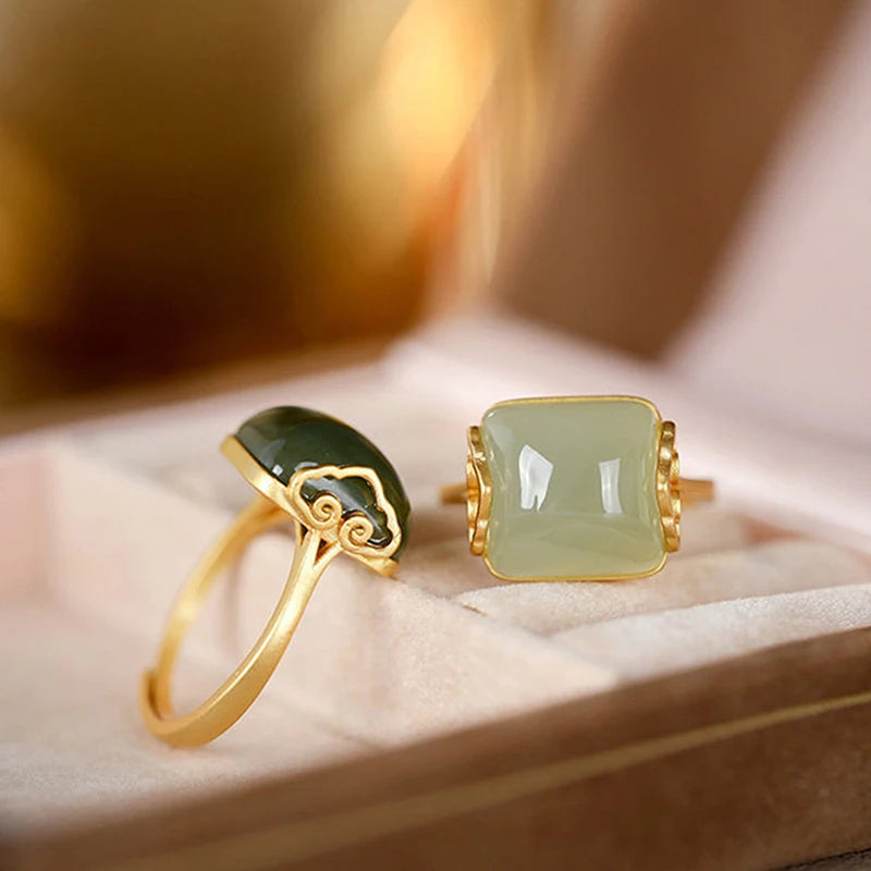 Vintage Auspicious Clouds Imitation Jade Adjustable Ring Women Adjustable Fashion Ring Axl