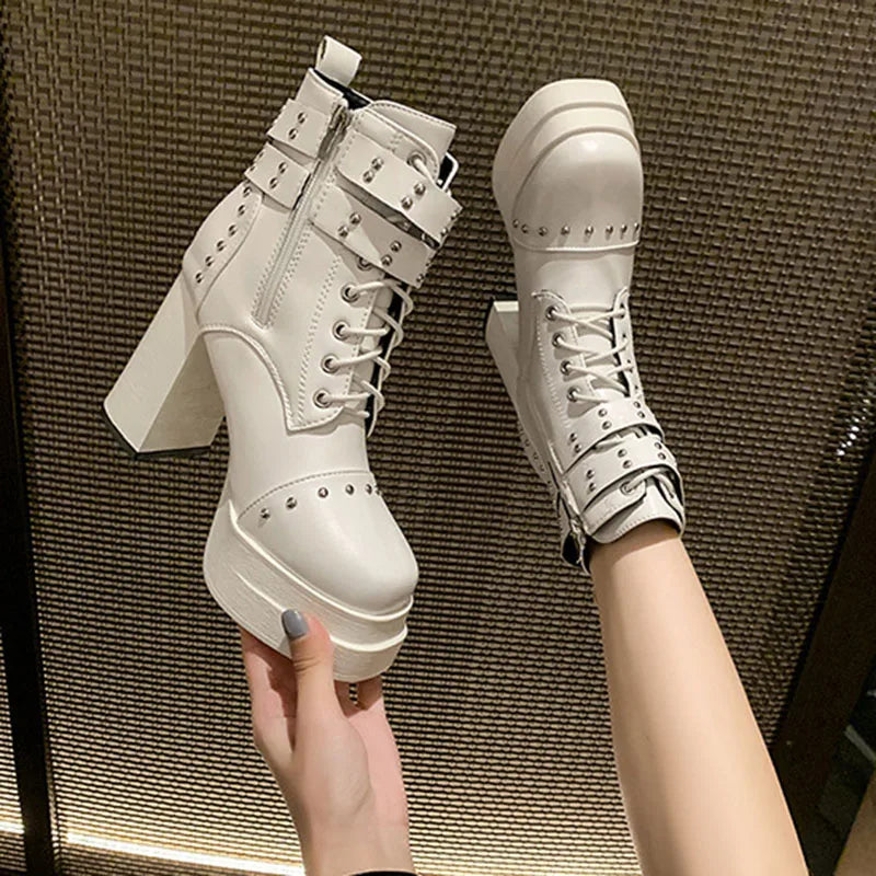Women's Punk Ankle Boots – Block Heel, Buckle & Rivet Women's Ankle Boots Axl