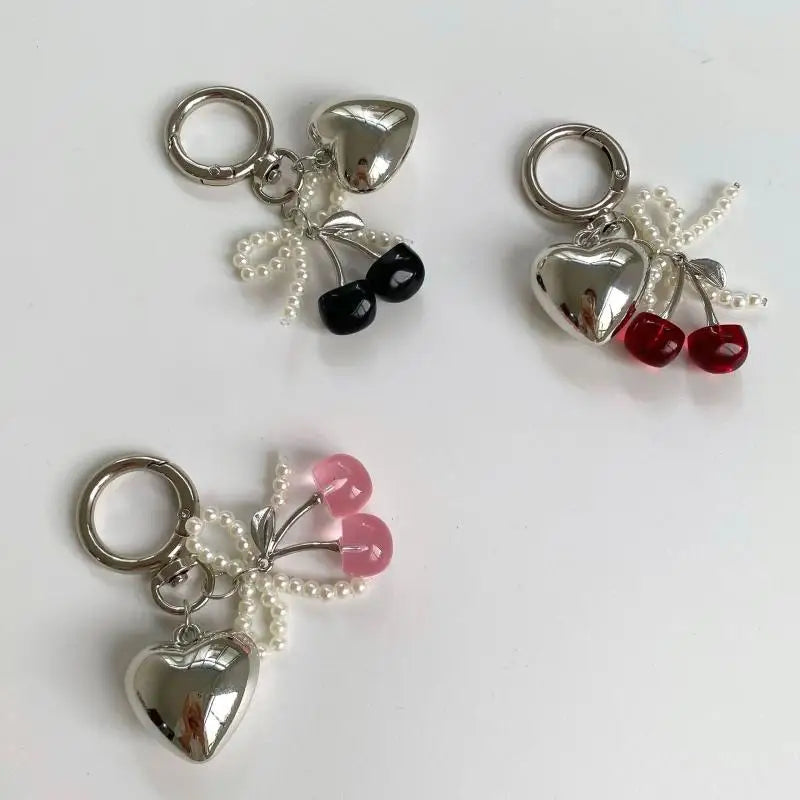 3D Crystal Cherry Keychain – Pearl Bow Heart Pendant Keyring Fashion Keychain Axl