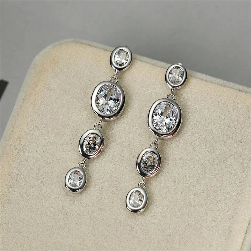 Huitan Long Drop Earrings – Oval CZ Silver Bridal Jewelry Drop Earrings Axl
