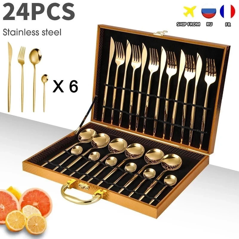24-Piece Gold Stainless Steel Cutlery Set for 6 | Gift Box Flatware Cutlery Set Axl