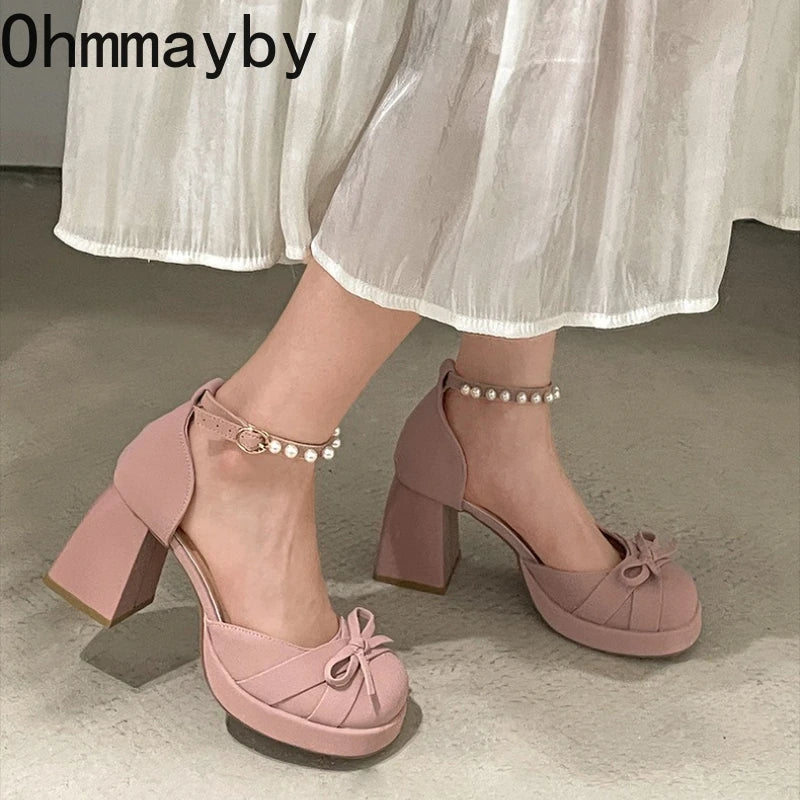 Women's Platform Mary Jane Pumps | Pearl Buckle Bow Heels Platform Mary Jane Pumps Axl