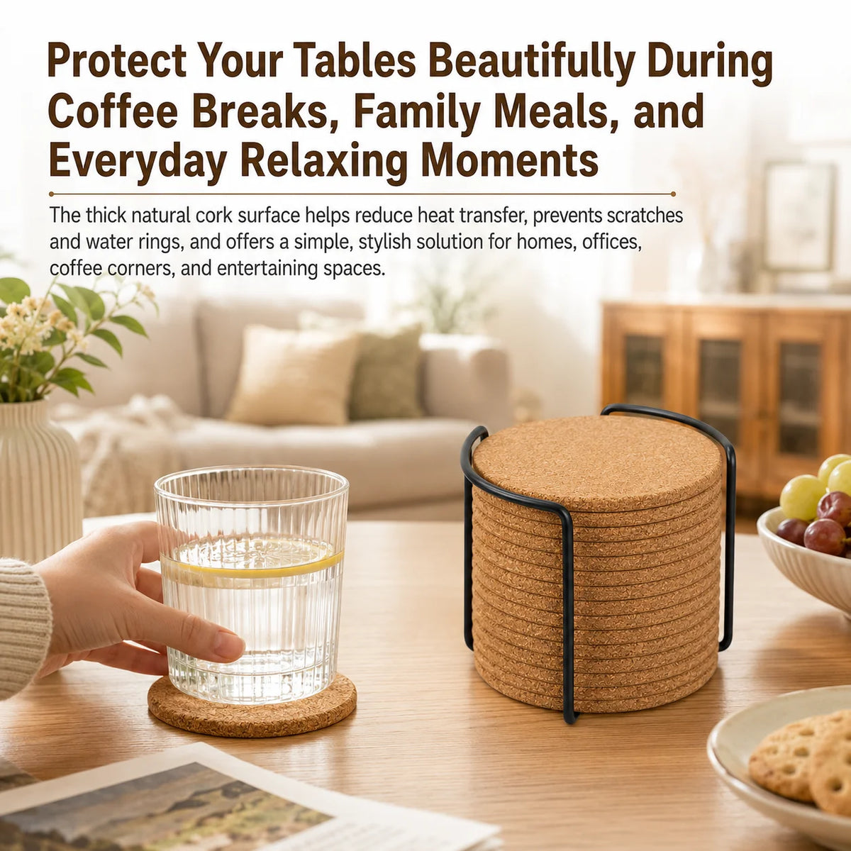 16-Pack Natural Cork Coasters with Holder – Heat Resistant Cork Coaster Set Axl