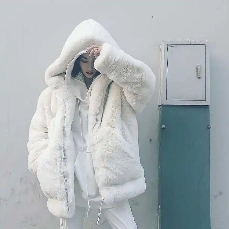Women's Hooded Faux Fur Coat – Korean Style Plush Fleece Faux Fur Coat Axl White XL China Mainland