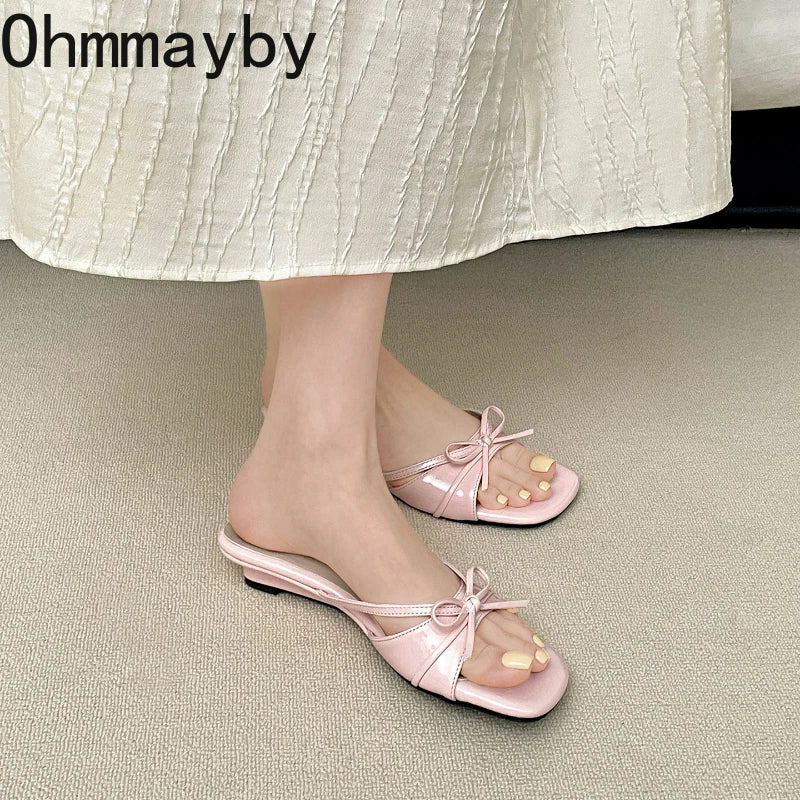 Women's Low Heel Butterfly-Knot Open Toe Slide Slippers Women's Slide Slippers Axl