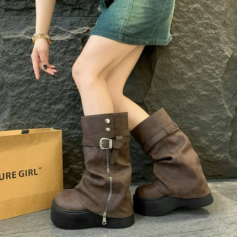 Women's Retro Platform Knight Boots | Side Zipper Mid-Calf Platform Knight Boots Axl