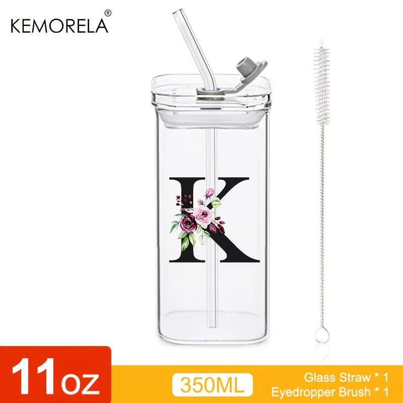 KEMORELA 300ml Letter-Shaped Glass Tumbler with Lid & Straw Glass Tumbler Axl K 300ML