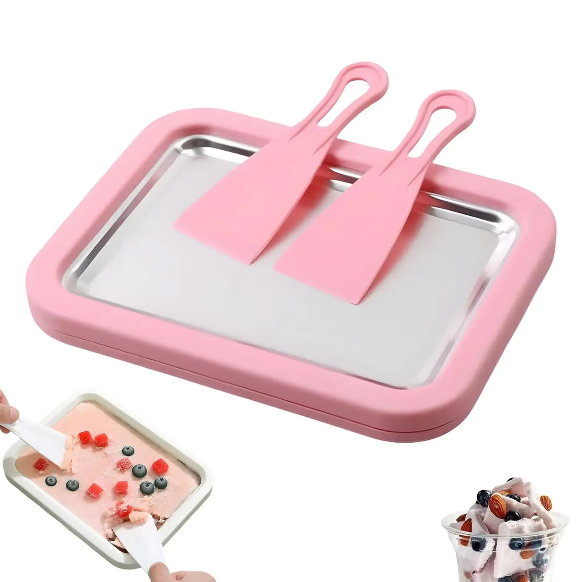 Rolled Ice Cream Maker Pan with 2 Scrapers | DIY Dessert Tray Ice Cream Maker Pan Axl pink 22.5x17.5x3.5cm 1
