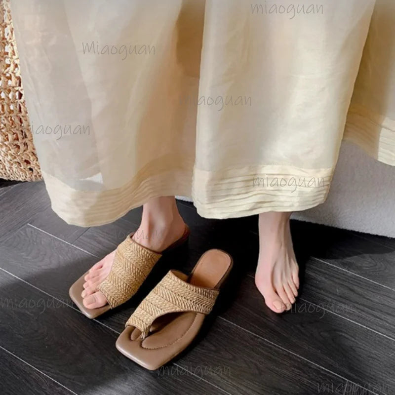 Women's Woven Square Toe Sandals – Low Heel Roman Slip-On Women's Sandals Axl
