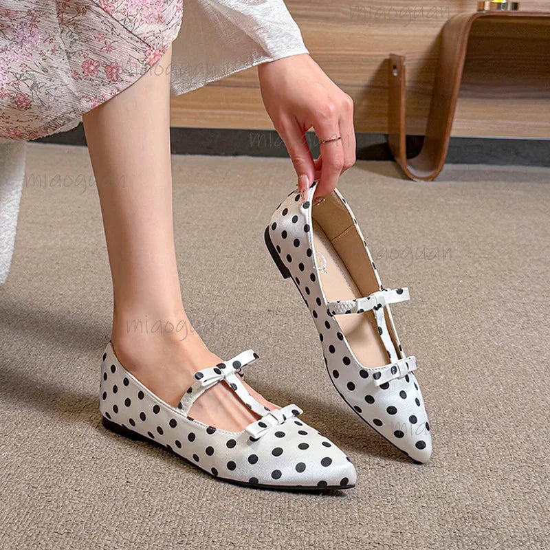 Women's Polka Dot Mary Jane Flats – Bow Pointed Toe Loafers Mary Jane Flats Axl