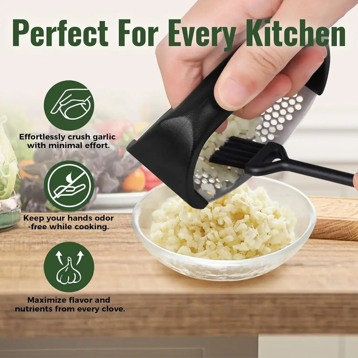 Stainless Steel Garlic Press Rocker with Peeler & Brush Garlic Press Set Axl