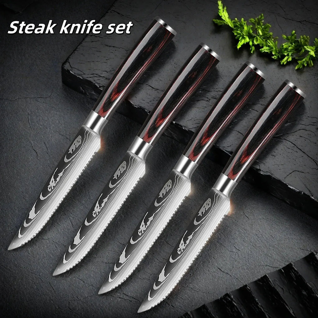 Damascus Steak Knife Set 1–8 Pc | Laser-Pattern Colored Wood Handle Steak Knife Set Axl