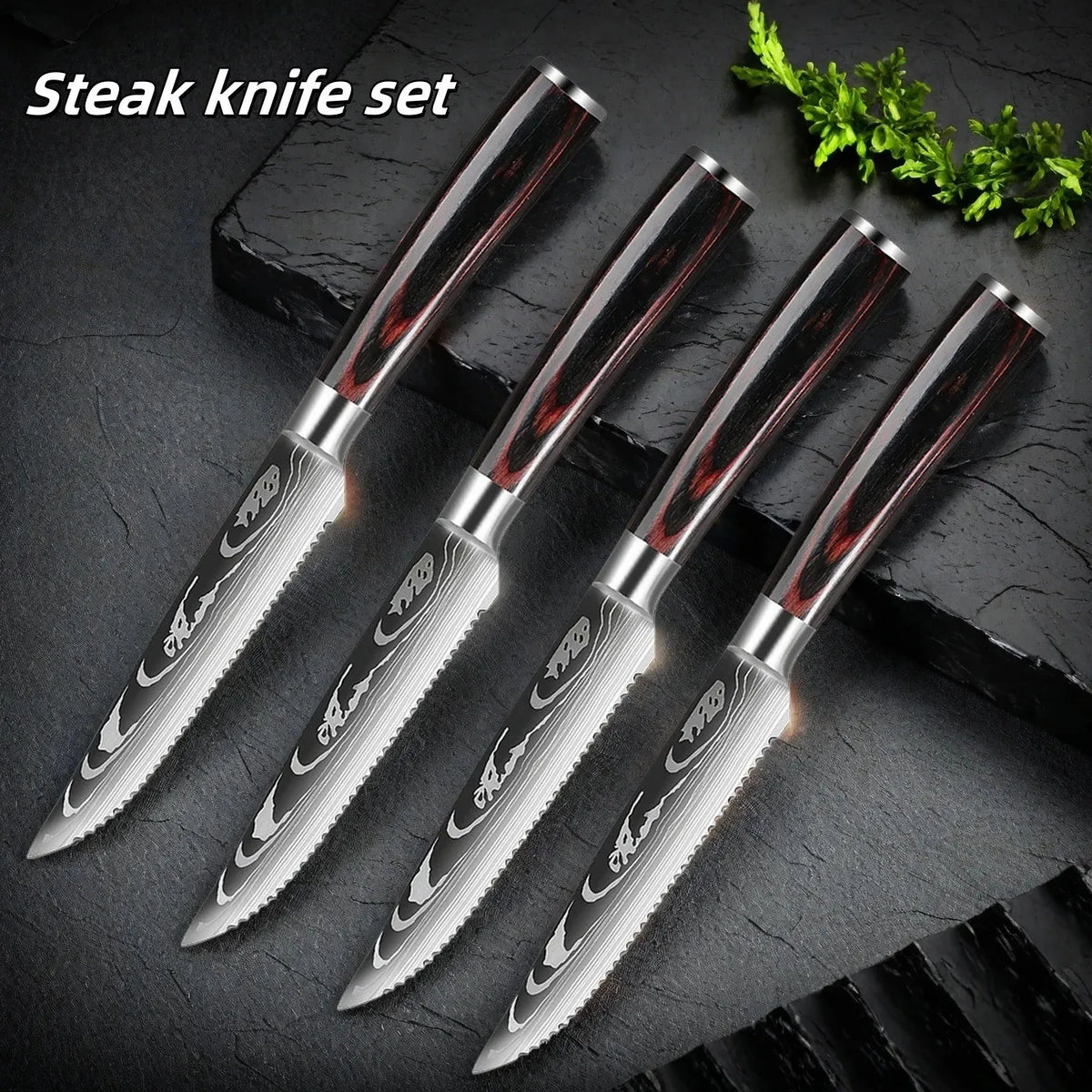 Damascus Steak Knife Set 1–8 Pc | Laser-Pattern Colored Wood Handle Steak Knife Set Axl