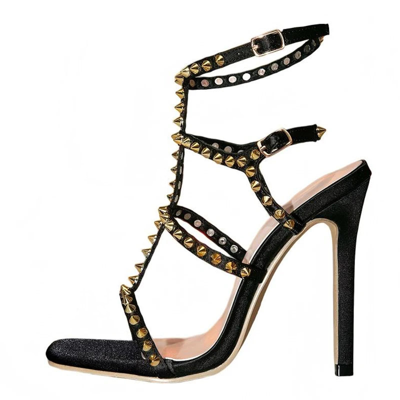 Women's Metal Rivet High Heel Sandals – Square Toe Party Shoes High Heel Sandals Axl Black 36