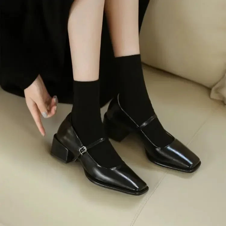 French Mary Jane Pumps – Square Toe Medium Heel Women's Shoes Women's Heeled Pumps Axl black-1 35