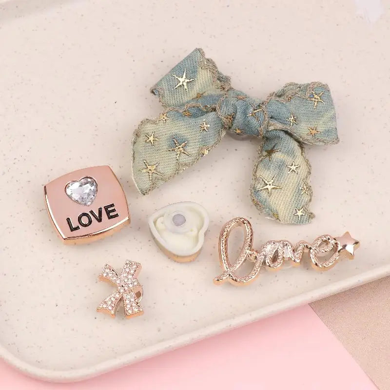 Denim Bow Rhinestone Shoe Charms DIY Decoration Kit – 6pc Shoe Charm Set Axl