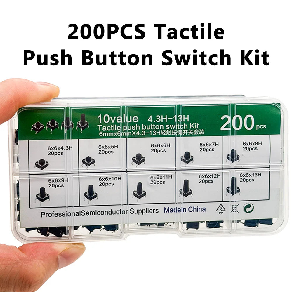 200PCS 6x6mm Micro Tactile Push Button Switch Kit – 10 Types Tactile Switch Kit Axl