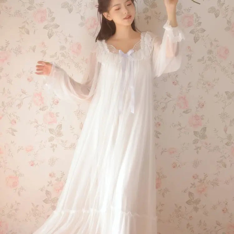 Women's Lace Mesh Nightgown – Bow Long-Sleeve Nightdress Women's Nightgown Axl White XL