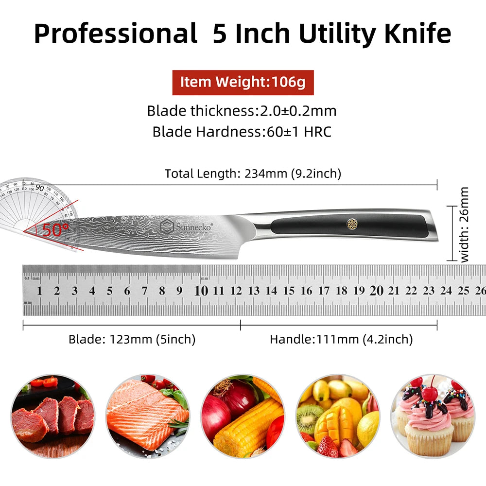 Sunnecko 5-Inch VG10 Damascus Steel Utility Kitchen Knife Damascus Utility Knife Axl