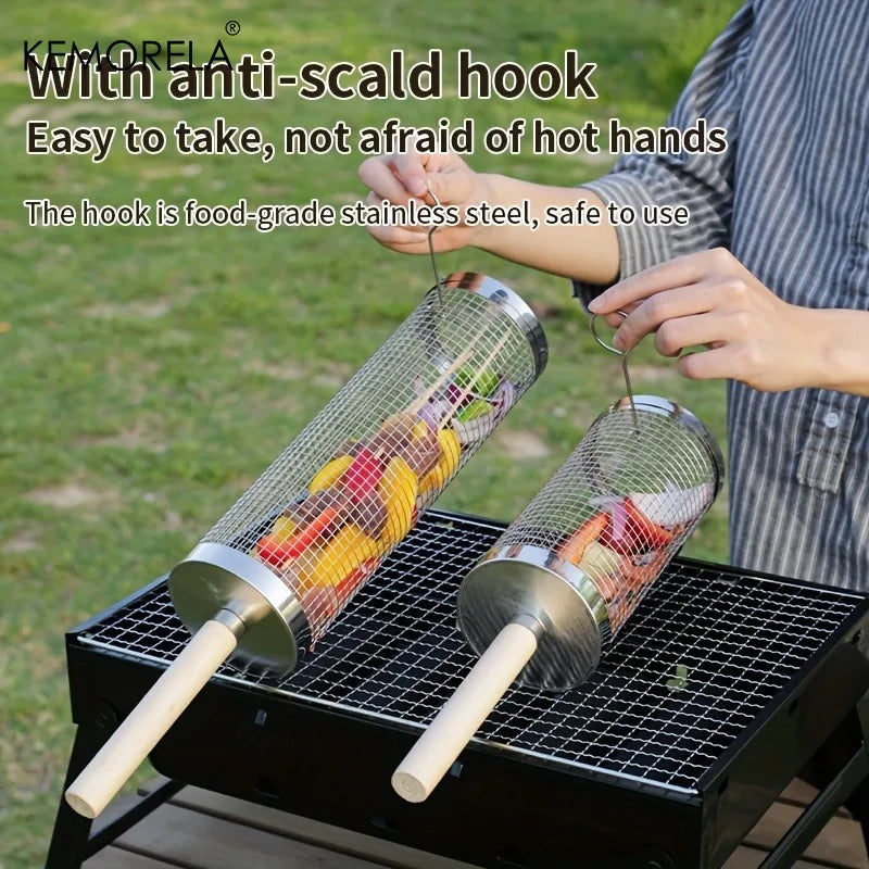 Stainless Steel Rolling BBQ Grill Basket Set – 2-Piece Cage BBQ Grill Basket Axl