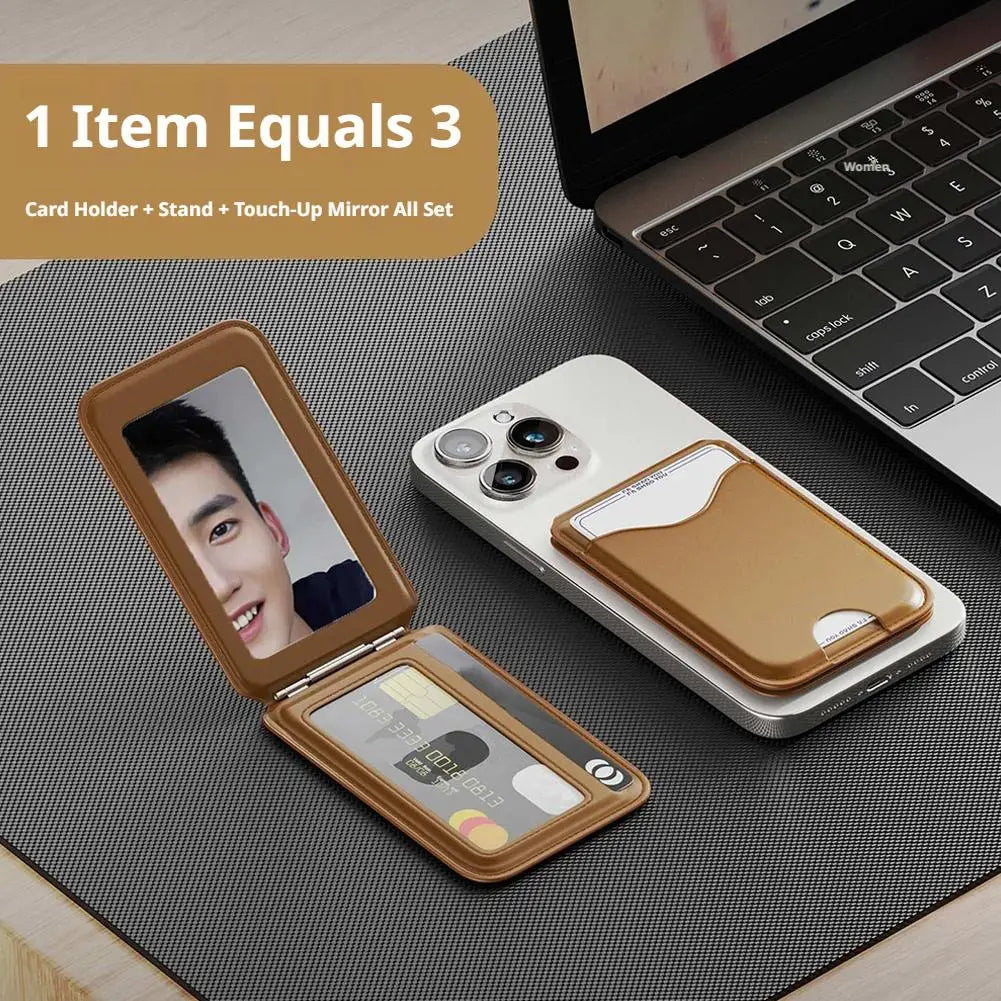 Magnetic Card Holder Phone Stand with Mirror | iPhone 12–17 Phone Wallet Stand Axl