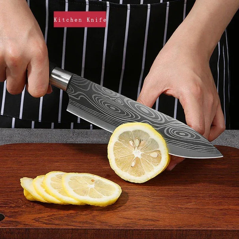Damascus Pattern Chef Knife Set with Scissors & Sharpening Rod Kitchen Knife Set Axl 1pcs-chef knife
