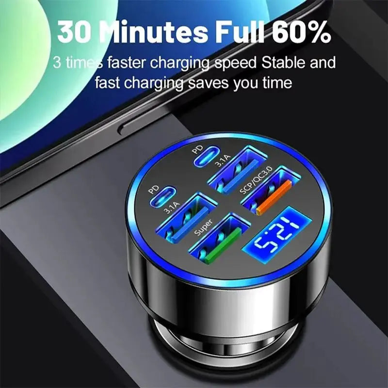 100W 6-Port USB-C Car Charger | PD & QC 3.0 Fast Charging Car Charger Axl
