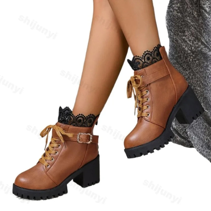 Women's Retro Buckle Lace Ankle Boots | Square Thick Heel Women's Ankle Boots Axl